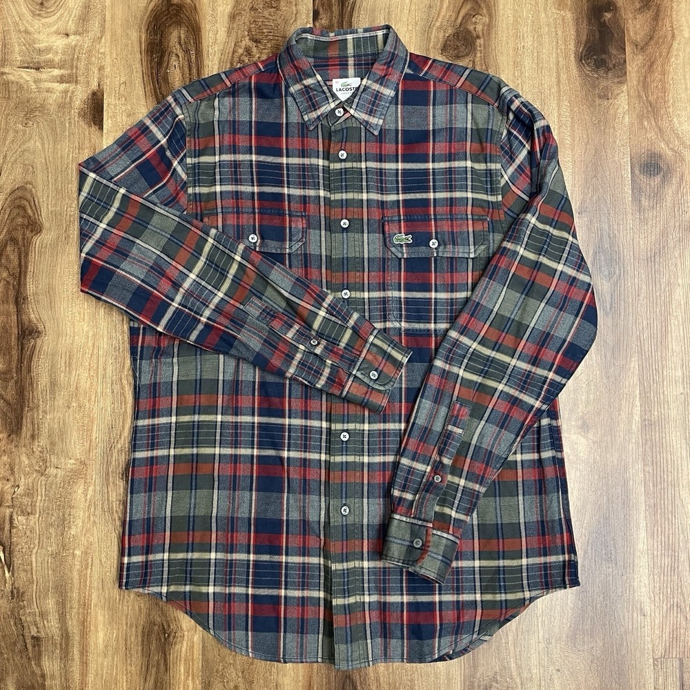 Lacoste Mens Flannel Plaid Shirt Size 40 Button Up Long Sleeve Dual Chest Pocket